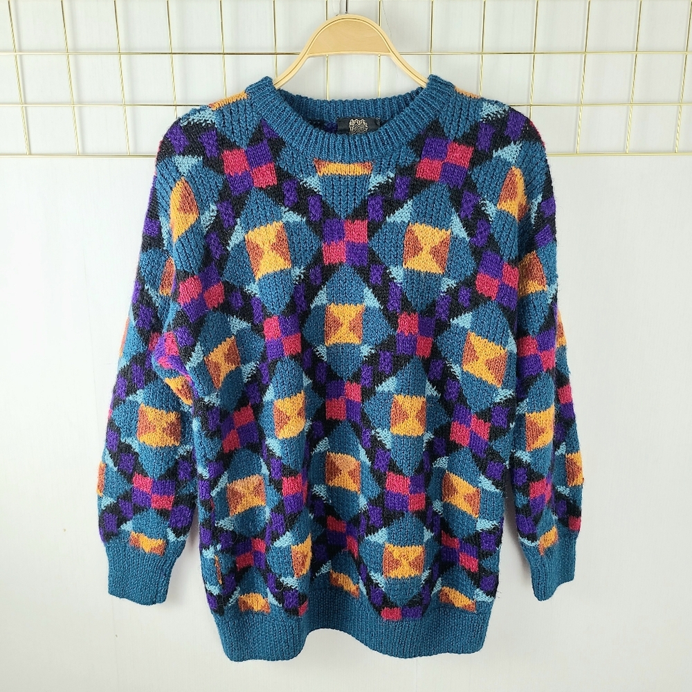 Galeria Latina Alpaca Wool Hand Knit Vintage Unisex Graphic Fuzzy Sweater-Read